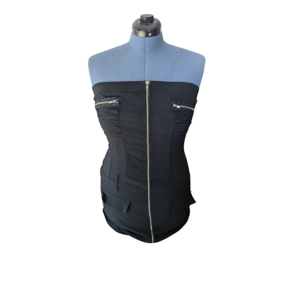 Jan Julian Black Strapless Mini Dress Full Zip‎ Front Pockets Party